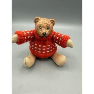 Vintage Teddy Bear Cloth Body Carved Head Red Knit Sweater Mini 5”